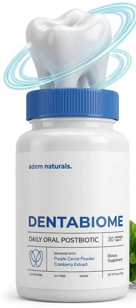 A white bottle of adem naturals. DENTABIOME Daily Oral Postbiotic chewable tablets, featuring a large glossy tooth with a blue protective ring graphic on top of its cap.