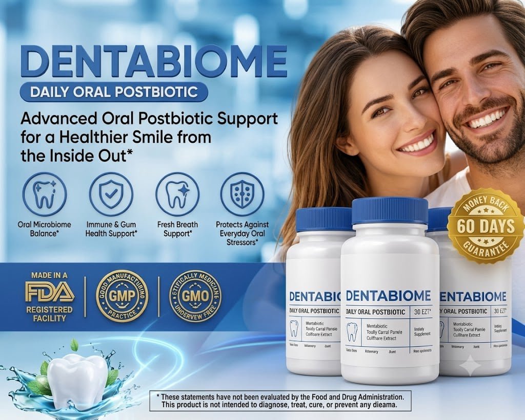 A promotional web banner for DentaBiome Daily Oral Postbiotic advanced supplement showing a smiling couple, three product bottles, quality badges, and a 60-day money-back guarantee seal.