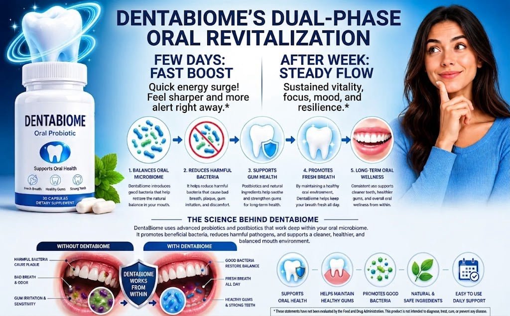 An educational infographic detailing how DentaBiome works to support a healthy mouth, fresh breath, and strong gums through a 5-step science-backed oral microbiome process.