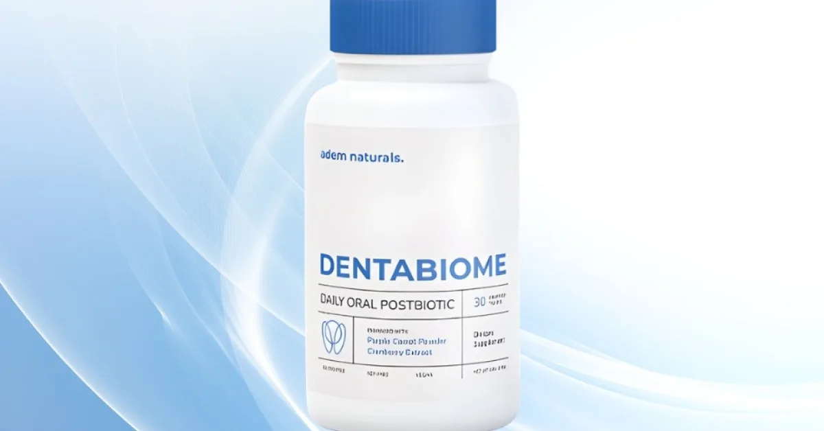 A single white bottle of Adem Naturals DentaBiome Daily Oral Postbiotic dietary supplement chewable tablets with a blue cap against a soft blue abstract background.