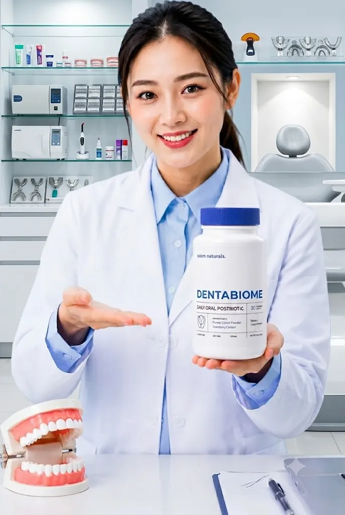 A smiling female dentist in a white lab coat presenting a bottle of Adem Naturals DentaBiome Daily Oral Postbiotic supplement next to a dental teeth model in a clinic setting.