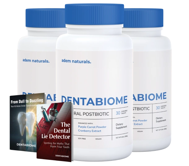 Three white bottles of Adem Naturals DentaBiome Daily Oral Postbiotic dietary supplement chewable tablets with blue caps, showcasing key product label details.