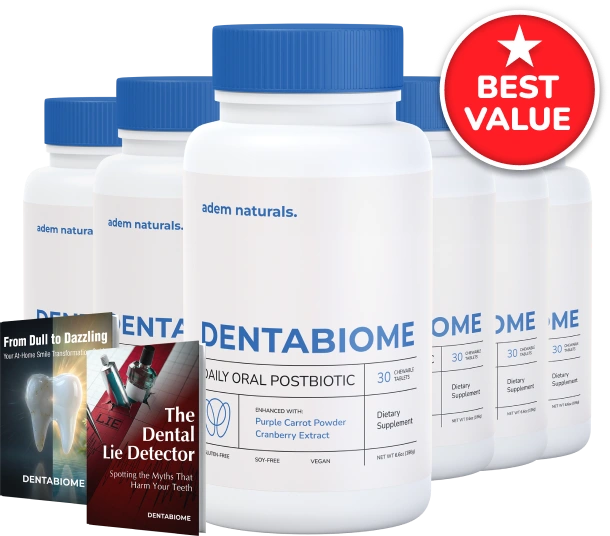 Visivra-Official-Website Six bottles of Adem Naturals DentaBiome daily oral postbiotic chewable tablets with Purple Carrot Powder and Cranberry Extract, displayed alongside two free promotional bonus e-books.